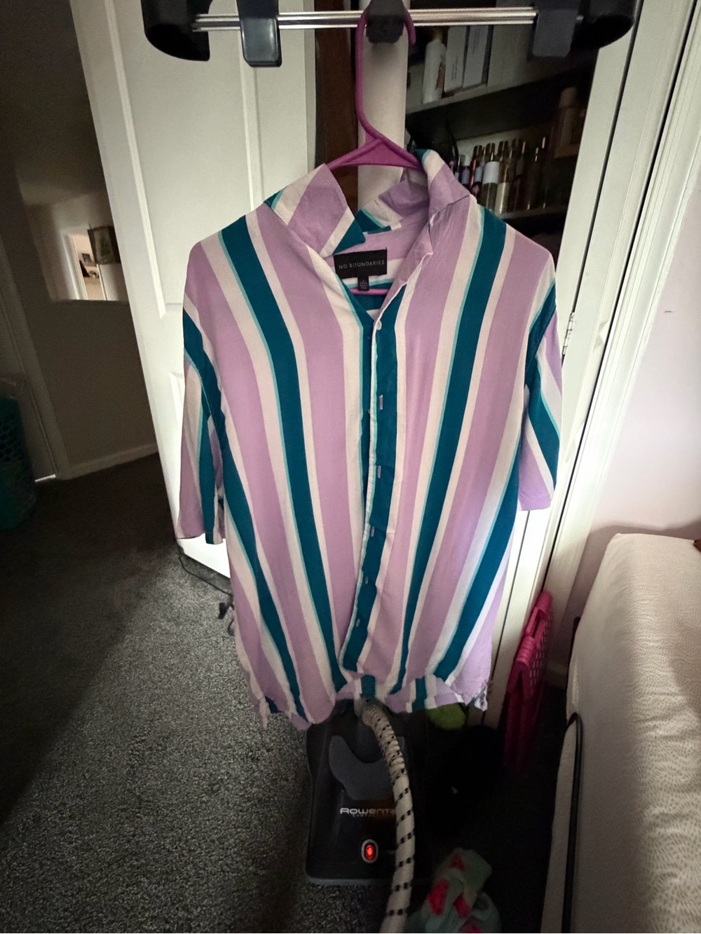 Unbranded Kids Short Sleeve Button-Up Shirt in Lavender & Teal Stripe